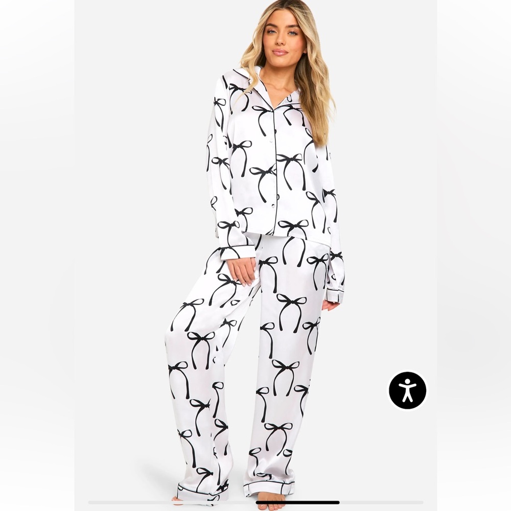 Tall Bow Print Satin Button Through Shirt & Trouser Pajama Set